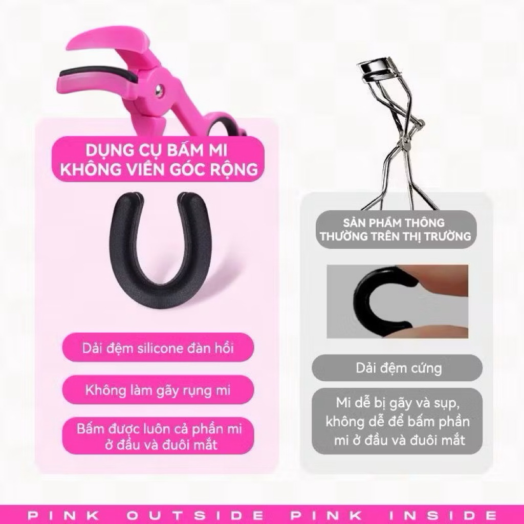 [PINKPUNK] Kẹp Mi Nhựa Pinkpunk Góc Rộng Vỏ Hồng Đen Caro Làm Cong Mi Nhanh, Kèm Silicon Thay Thế