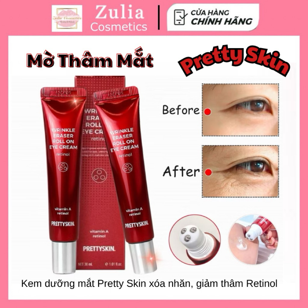 (TẶNG SRM) Kem dưỡng mắt Pretty Skin xóa nhăn, giảm thâm Retinol Wrinkle Eraser Roll On Eye Cream 30ml