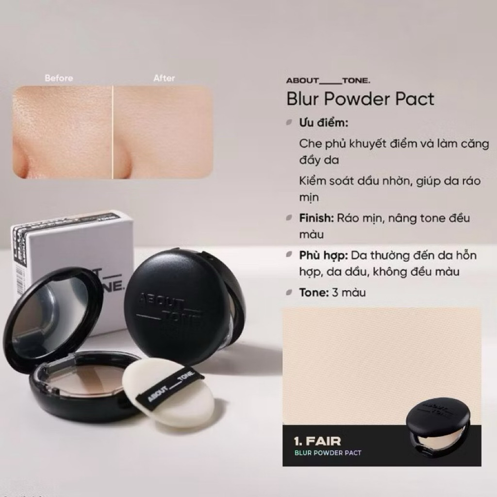 [ABOUT TONE] Phấn Phủ About Tone Dạng Nén Dòng Blur Powder Pact, Sebum Cut 9g (Nhập Khẩu Công Ty)