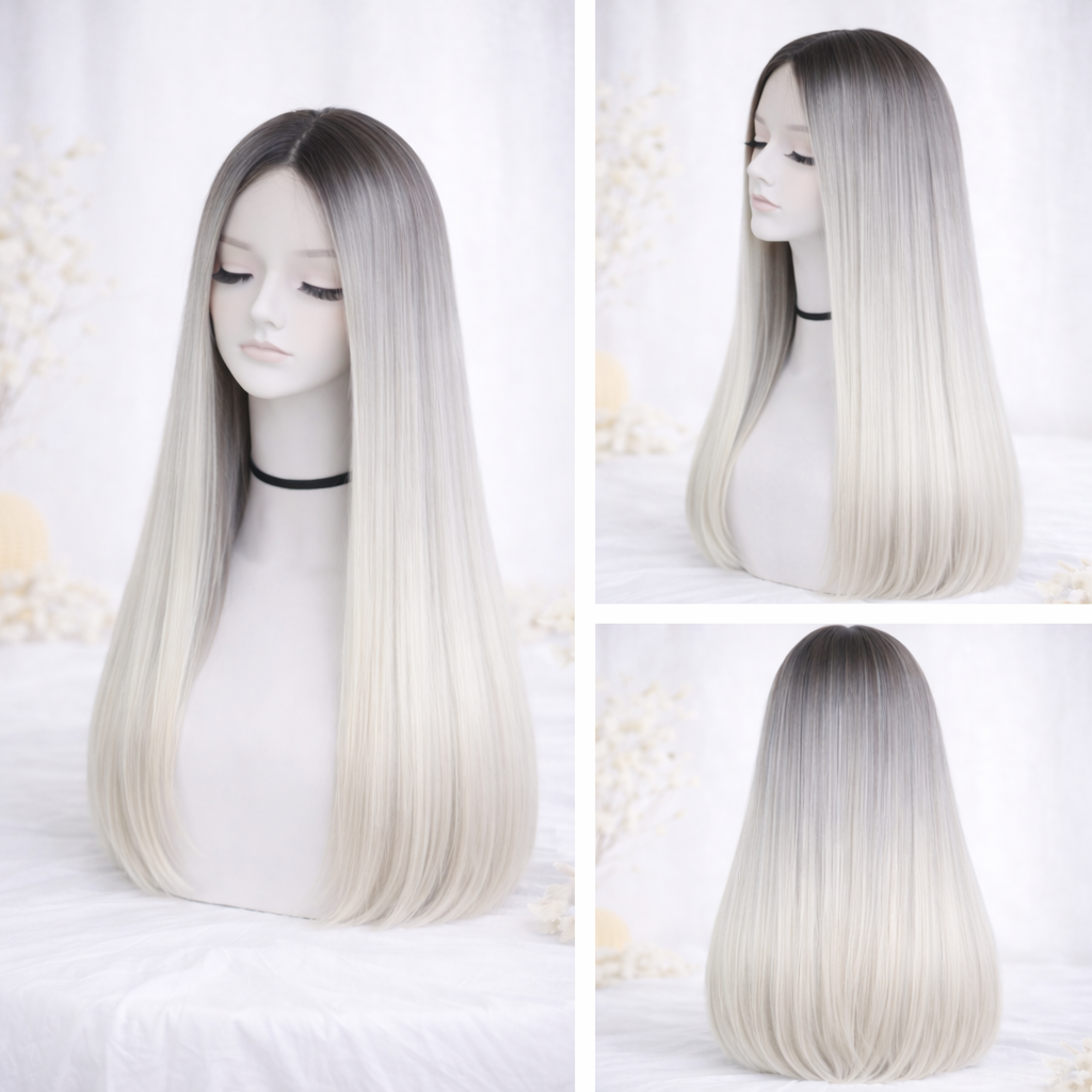 Tóc Giả Nguyên Đầu Ombre Trắng Chân Đen Có Da Đầu Tự Nhiên Tóc Bộ Lưới Hoa Cao Cấp Không Mái Như Tóc Thật