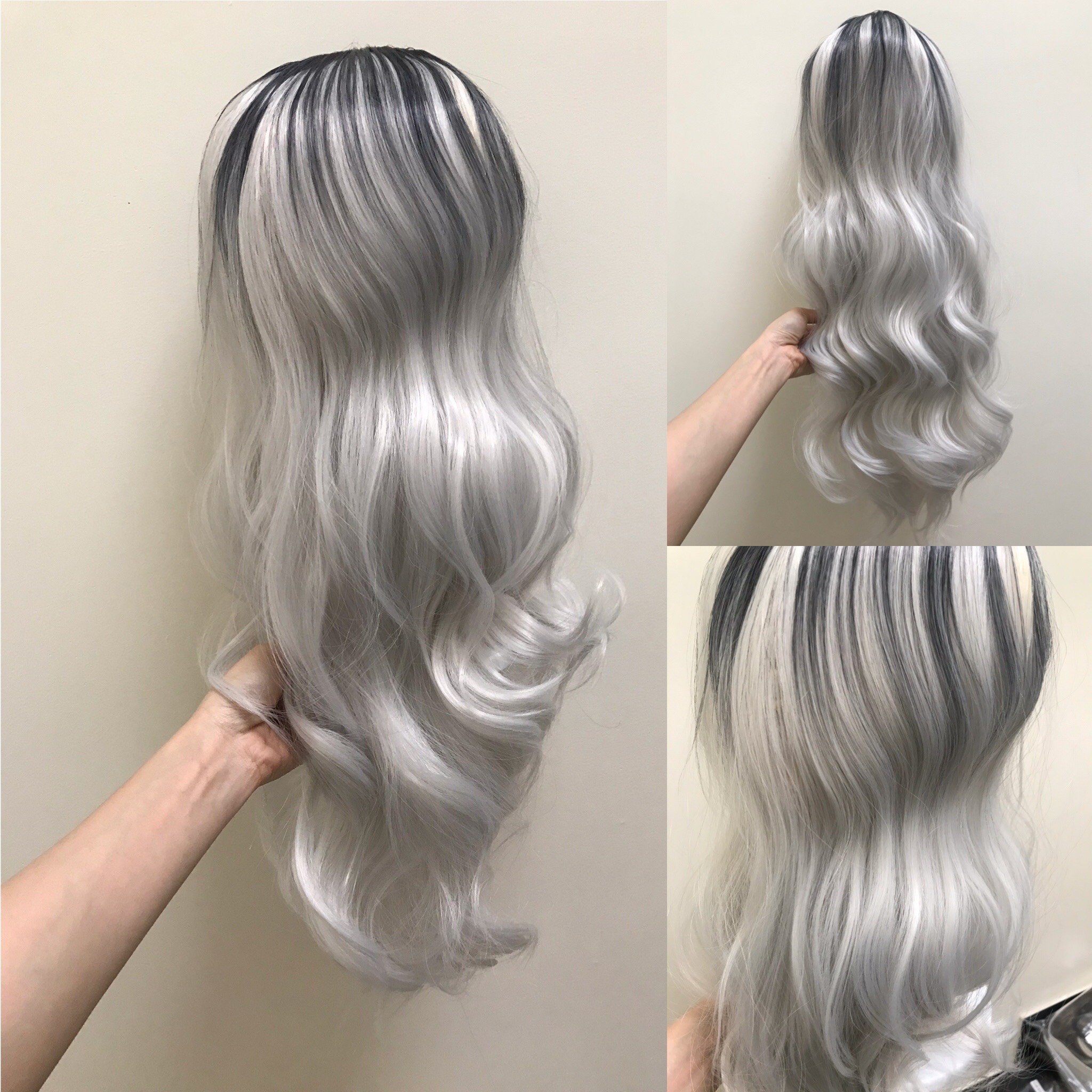 Tóc Giả Nguyên Đầu Ombre Trắng Chân Đen Có Da Đầu Tự Nhiên Tóc Bộ Lưới Hoa Cao Cấp Không Mái Như Tóc Thật