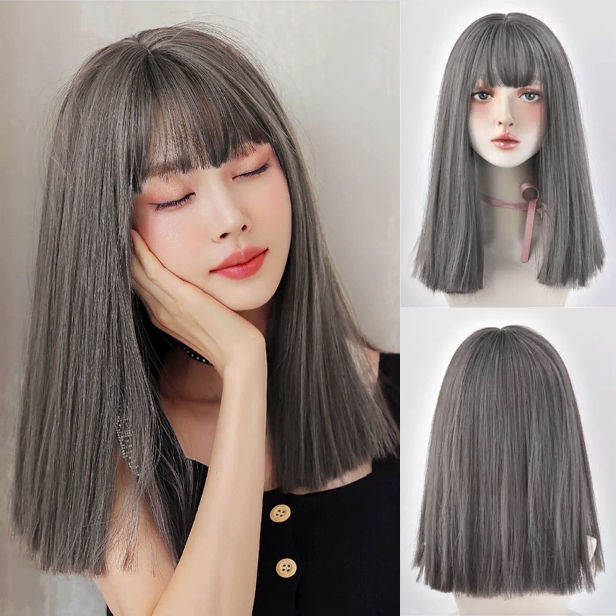 Tóc Giả Nguyên Đầu Thẳng Lửng Ngang Vai Có Da Đầu Mái Thưa Tóc Bộ Lưới Hoa Cao Cấp Mềm Mượt Tự Nhiên Như Tóc Thật