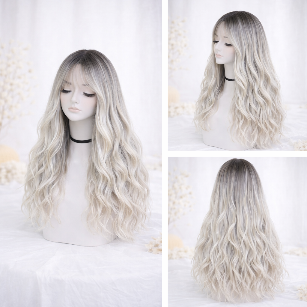 Tóc Giả Nguyên Đầu Ombre Trắng Chân Đen Có Da Đầu Tự Nhiên Tóc Bộ Lưới Hoa Cao Cấp Không Mái Như Tóc Thật