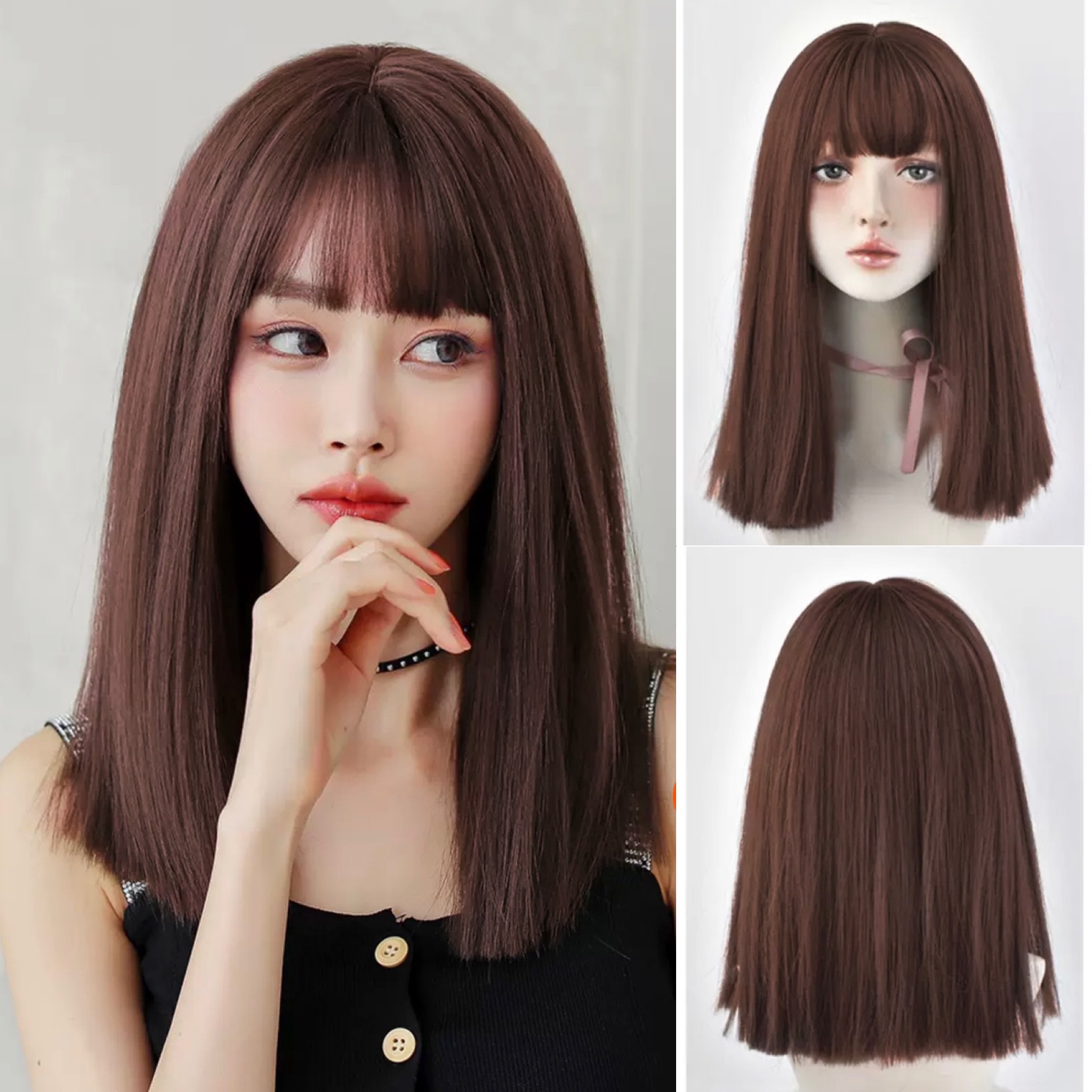 Tóc Giả Nguyên Đầu Thẳng Lửng Ngang Vai Có Da Đầu Mái Thưa Tóc Bộ Lưới Hoa Cao Cấp Mềm Mượt Tự Nhiên Như Tóc Thật