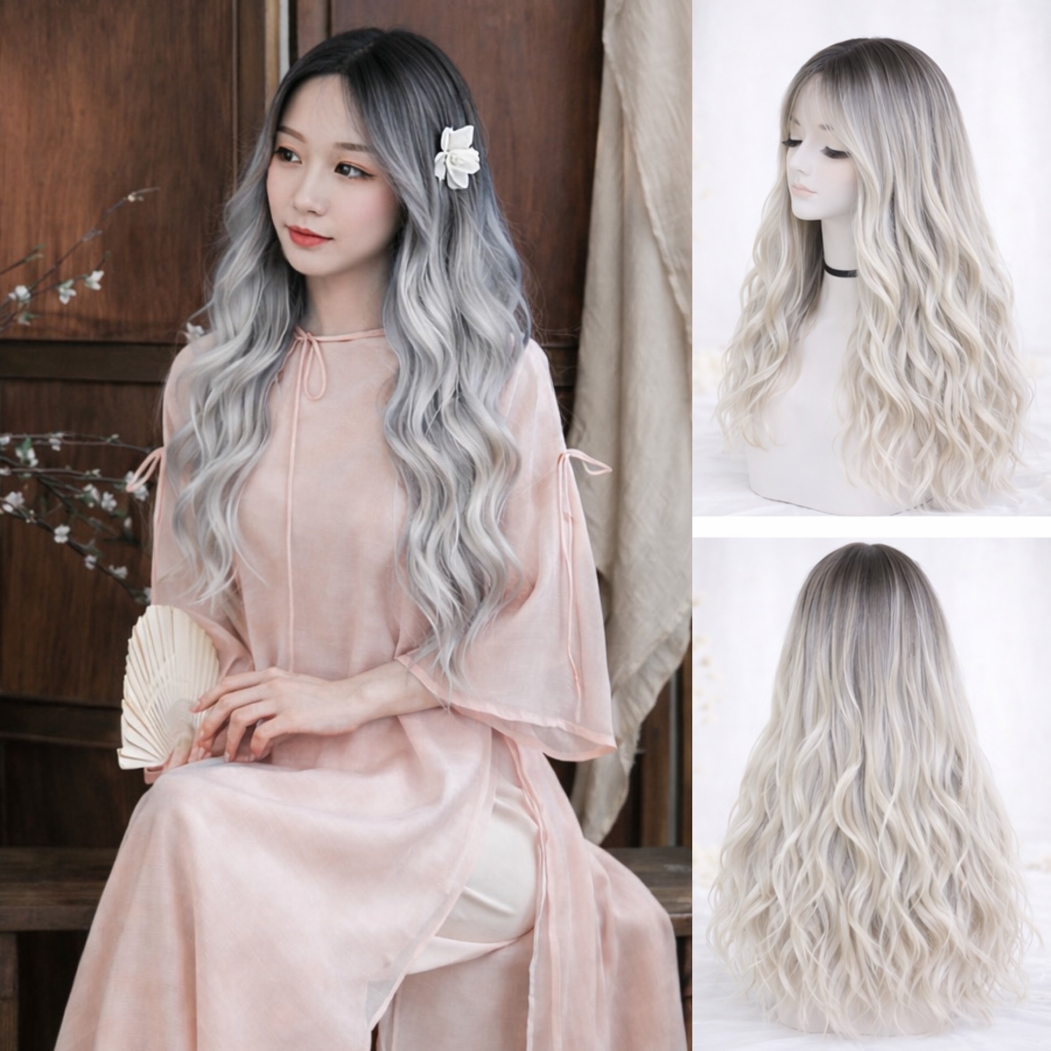 Tóc Giả Nguyên Đầu Ombre Trắng Chân Đen Có Da Đầu Tự Nhiên Tóc Bộ Lưới Hoa Cao Cấp Không Mái Như Tóc Thật