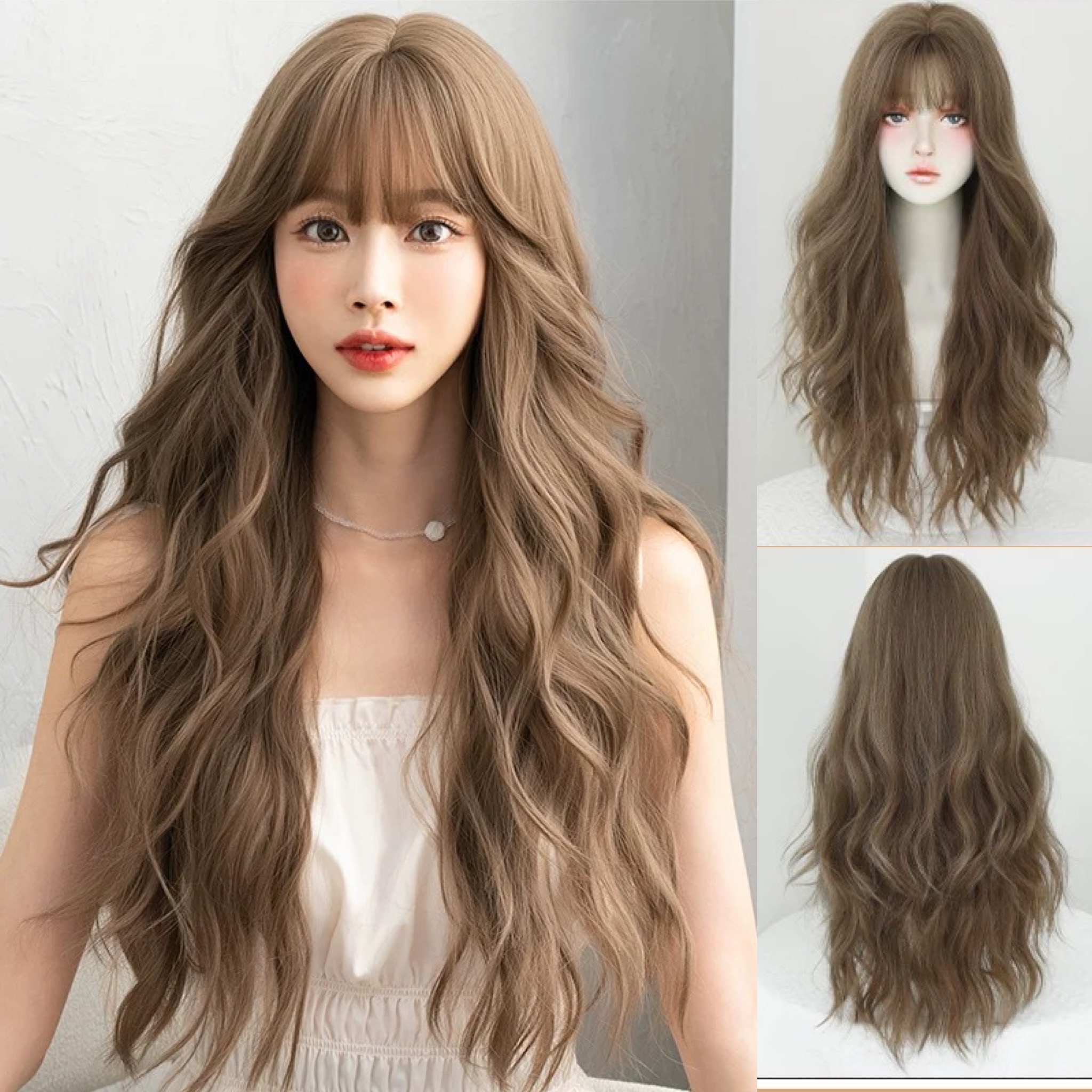 Tóc Giả Nguyên Đầu Sóng Xù Dài Có Da Đầu Mái Thưa Tóc Bộ Lưới Hoa Cao Cấp Mềm Mịn Như Tóc Thật