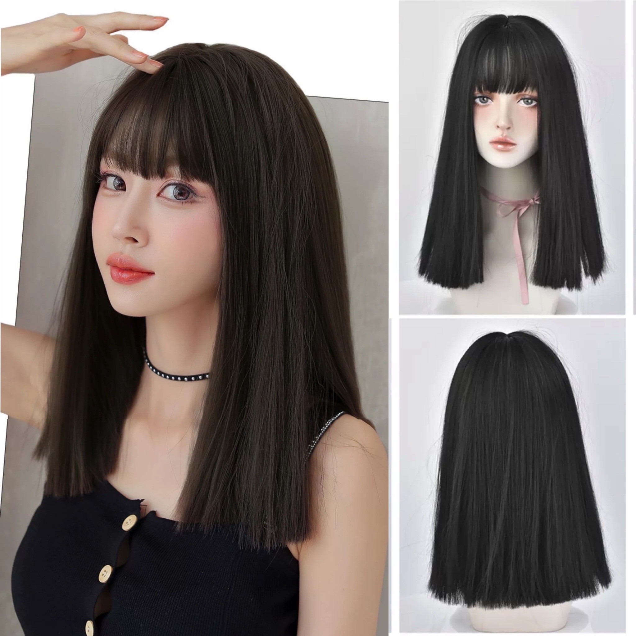 Tóc Giả Nguyên Đầu Thẳng Lửng Ngang Vai Có Da Đầu Mái Thưa Tóc Bộ Lưới Hoa Cao Cấp Mềm Mượt Tự Nhiên Như Tóc Thật