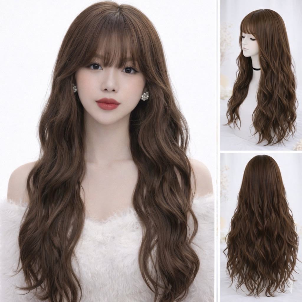 Tóc Giả Nguyên Đầu Sóng Xù Dài Có Da Đầu Mái Thưa Tóc Bộ Lưới Hoa Cao Cấp Mềm Mịn Như Tóc Thật