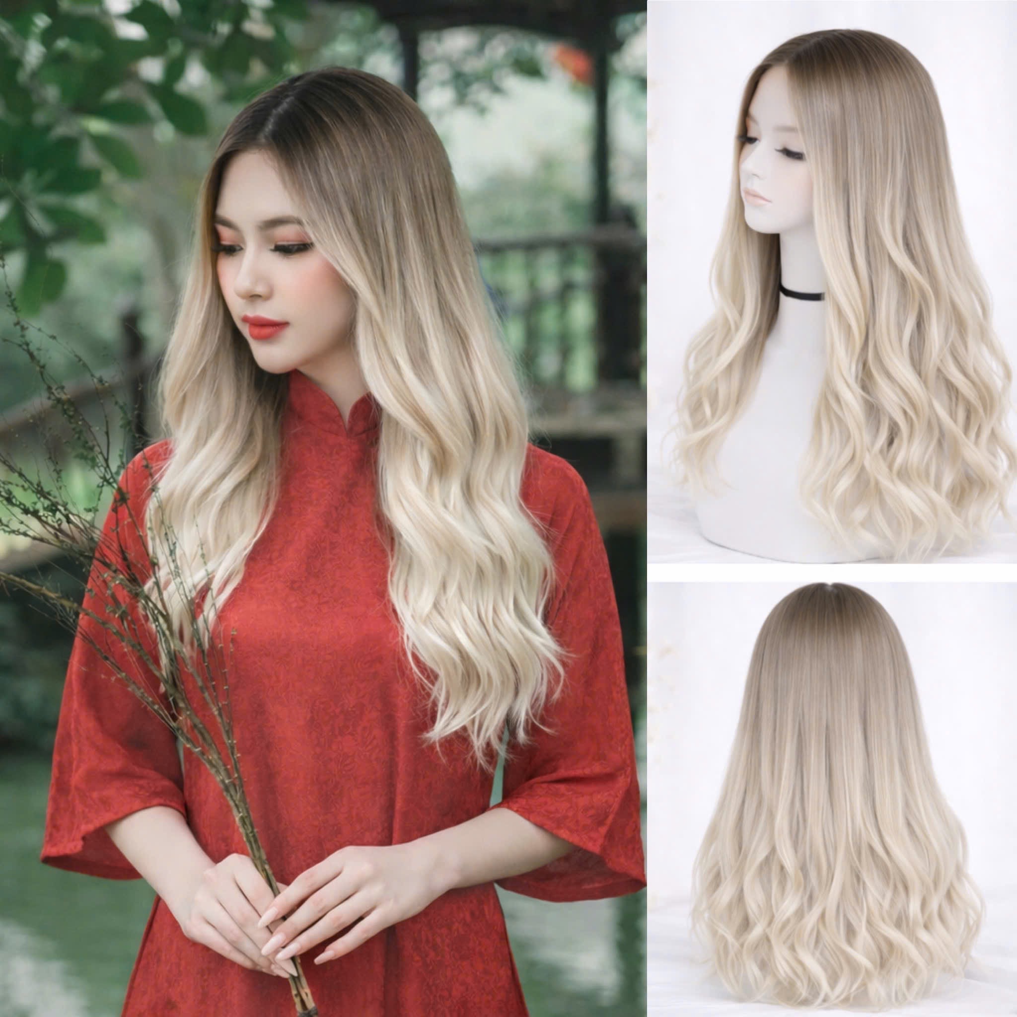 Tóc Giả Nguyên Đầu Ombre Nâu Có Da Đầu Tự Nhiên Tóc Bộ Lưới Hoa Cao Cấp Không Mái Như Tóc Thật