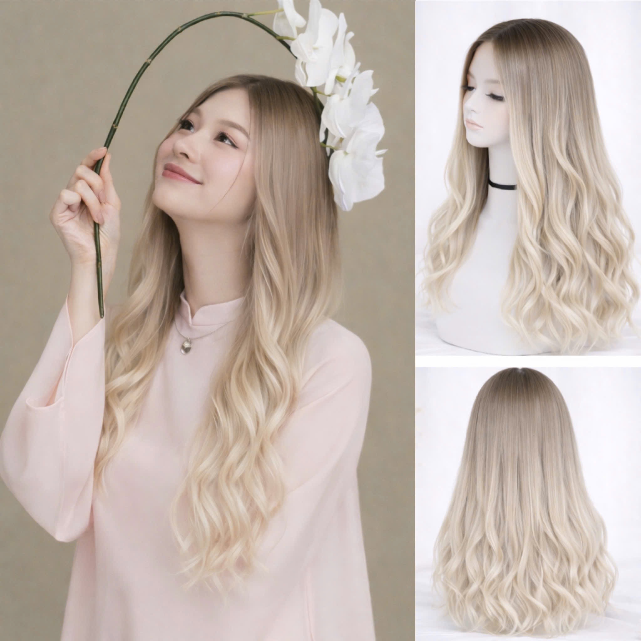 Tóc Giả Nguyên Đầu Ombre Nâu Có Da Đầu Tự Nhiên Tóc Bộ Lưới Hoa Cao Cấp Không Mái Như Tóc Thật