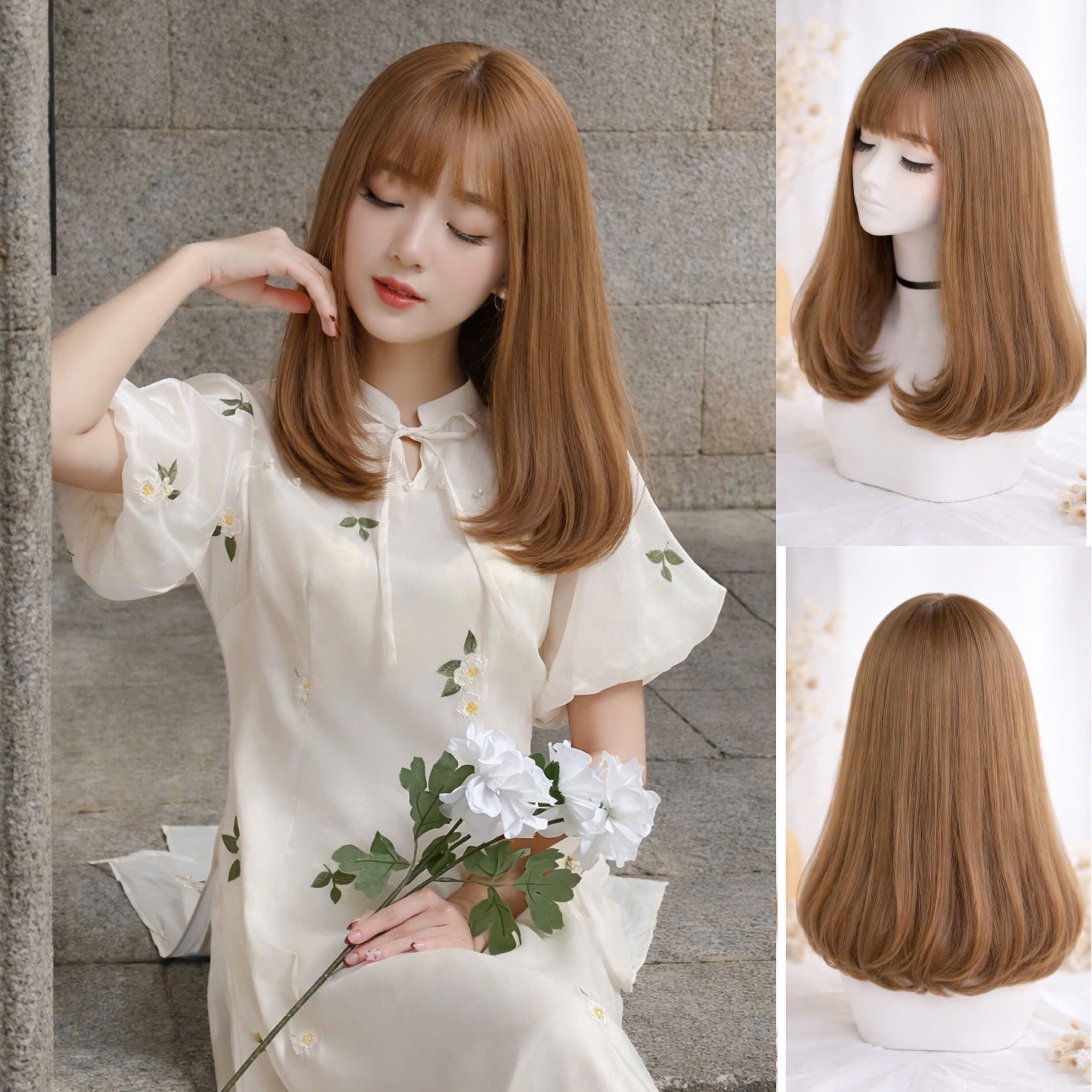 Tóc Giả Nguyên Đầu Cúp Ngang Vai Có Da Đầu Mái Thưa Tóc Bộ Lưới Hoa Cao Cấp Mềm Mượt Tự Nhiên Như Tóc Thật