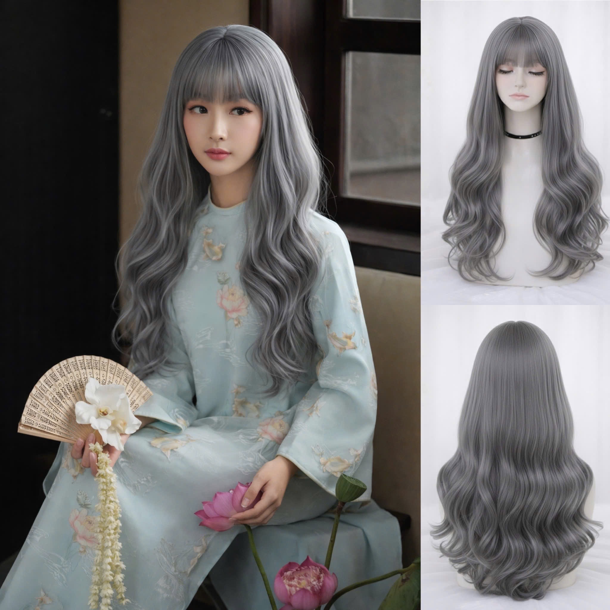 Tóc Giả Nguyên Đầu Xoăn Dài Có Da Đầu Mái Thưa Tóc Bộ Lưới Hoa Cao Cấp Tự Nhiên Như Tóc Thật