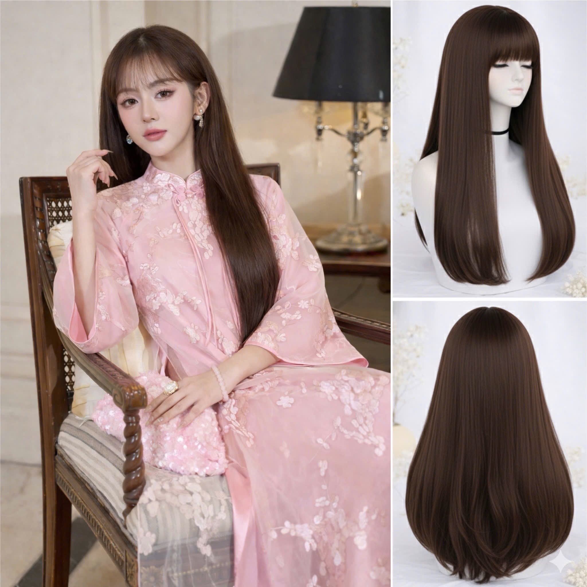 Tóc Giả Nguyên Đầu Thẳng Dài Có Da Đầu Mái Thưa Tóc Bộ Lưới Hoa Cao Cấp Mềm Mượt Tự Nhiên Cao Cấp