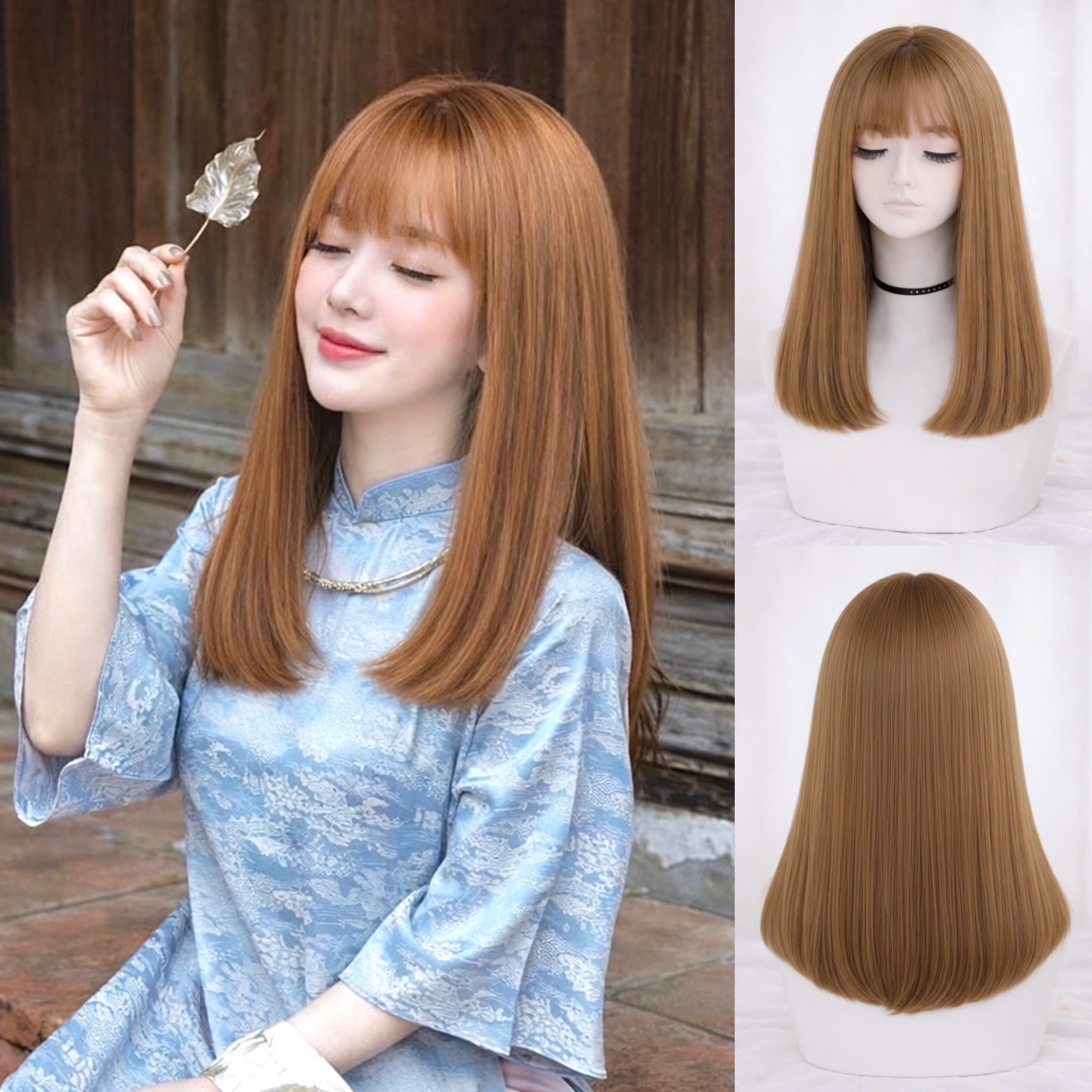 Tóc Giả Nguyên Đầu Thẳng Lửng Ngang Vai Có Da Đầu Mái Thưa Tóc Bộ Lưới Hoa Cao Cấp Mềm Mượt Tự Nhiên Như Tóc Thật