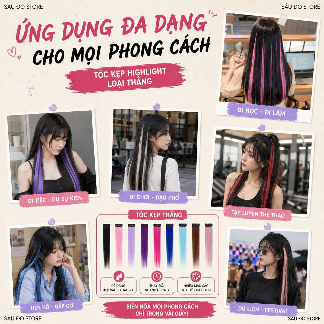 [SỈ TÓC GIẢ] Kẹp Tóc Gảy Light - Tóc Giả Kẹp Màu Highlight Cá Tính, Gắn Nhanh Không Hư Tóc