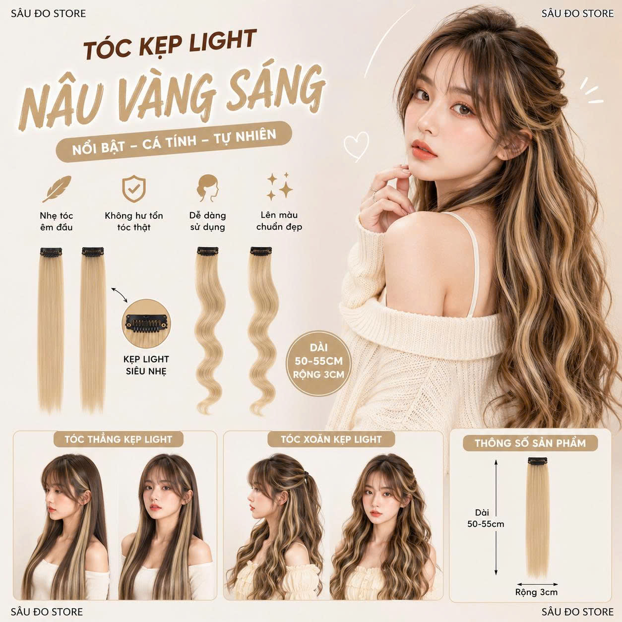 [SỈ TÓC GIẢ] Kẹp Tóc Gảy Light - Tóc Giả Kẹp Màu Highlight Cá Tính, Gắn Nhanh Không Hư Tóc