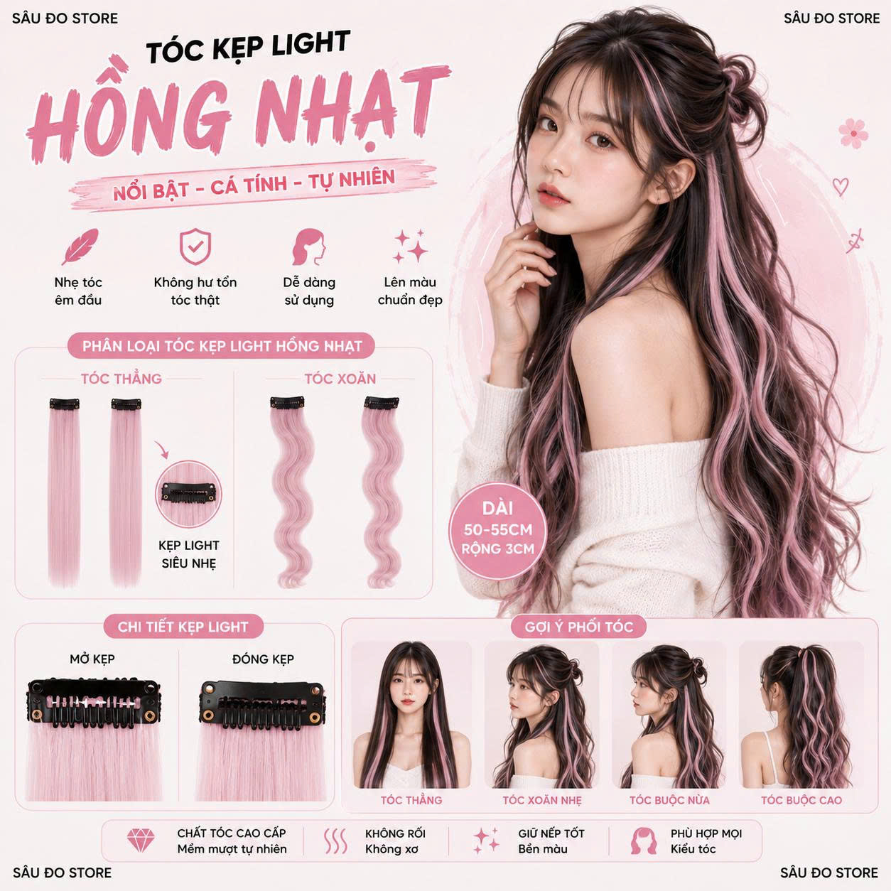 [SỈ TÓC GIẢ] Kẹp Tóc Gảy Light - Tóc Giả Kẹp Màu Highlight Cá Tính, Gắn Nhanh Không Hư Tóc