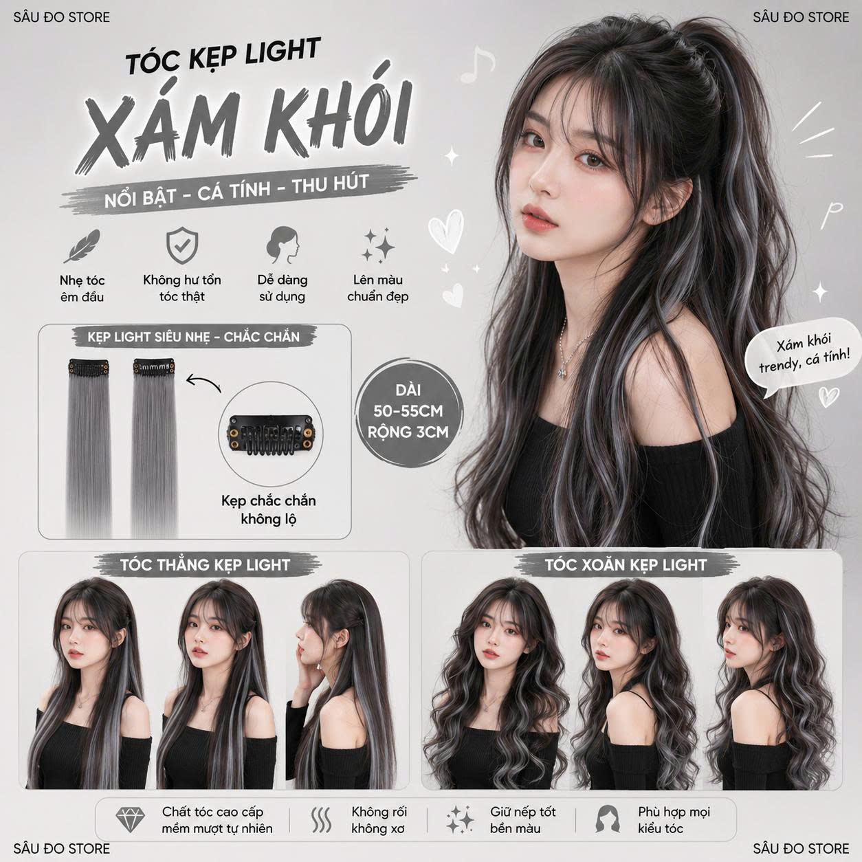 [SỈ TÓC GIẢ] Kẹp Tóc Gảy Light - Tóc Giả Kẹp Màu Highlight Cá Tính, Gắn Nhanh Không Hư Tóc