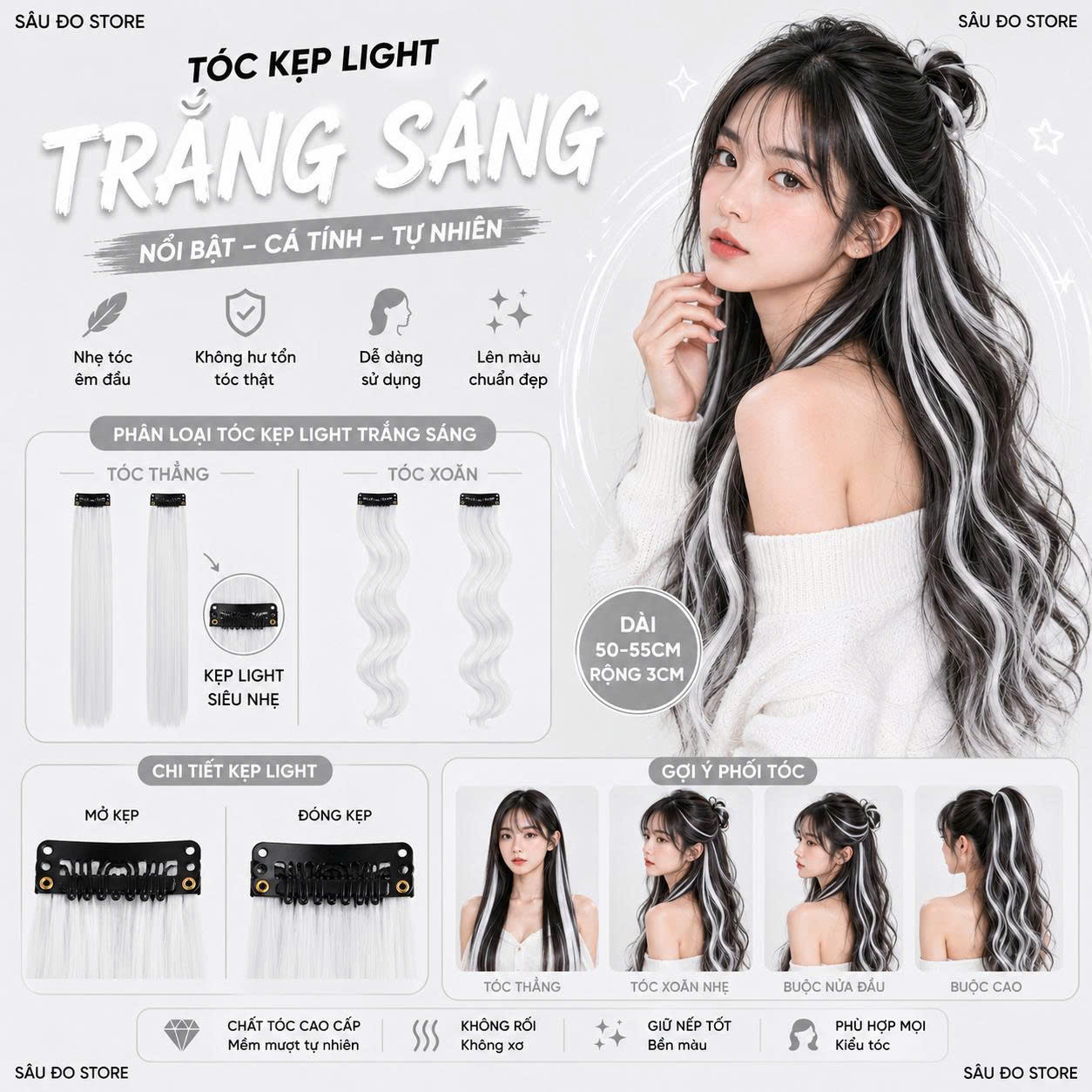 [SỈ TÓC GIẢ] Kẹp Tóc Gảy Light - Tóc Giả Kẹp Màu Highlight Cá Tính, Gắn Nhanh Không Hư Tóc