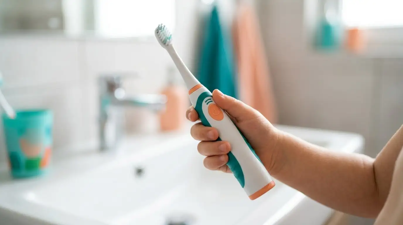 Trẻ em tự cầm bàn chải điện chăm sóc răng miệng mỗi ngày
