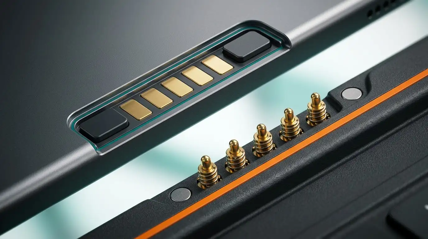 Cận cảnh chân tiếp xúc nam châm và cổng cáp kết nối bàn phím surface