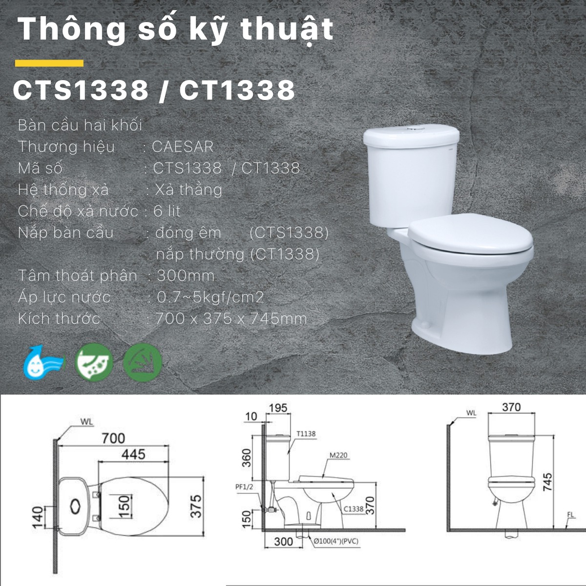 Bồn cầu 2 khối Caesar CT1338 nắp thường