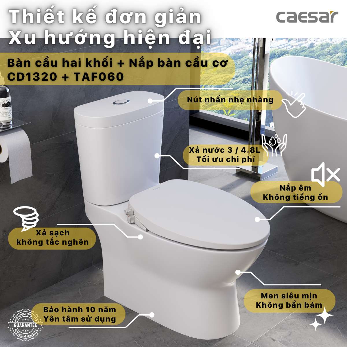 Bồn cầu 2 khối nắp rửa cơ Caesar CD1320 + TAF060