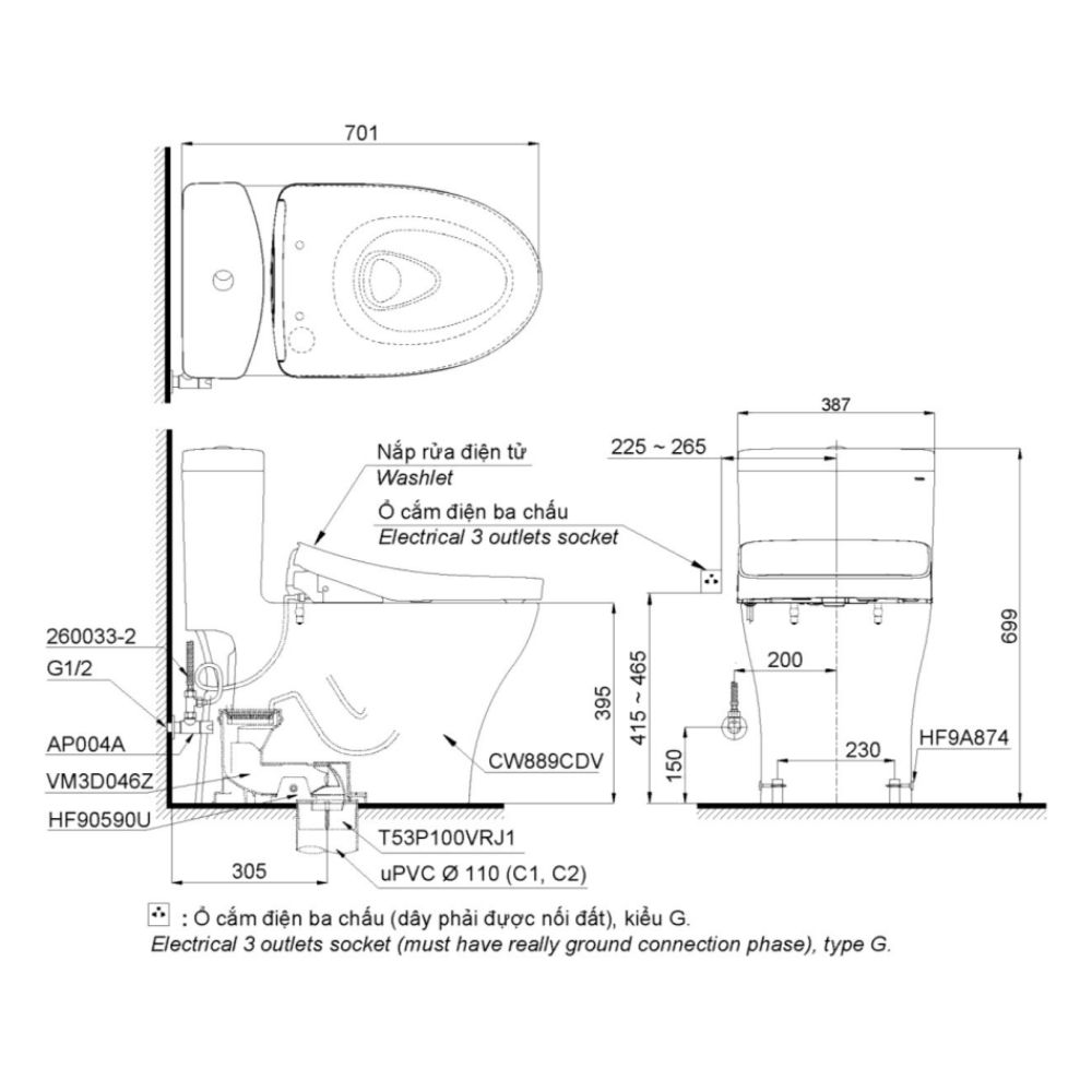 Bồn cầu TOTO MS889CDRW24 1 khối nắp điện tử Washlet S2 TCF33461GAA giấu dây