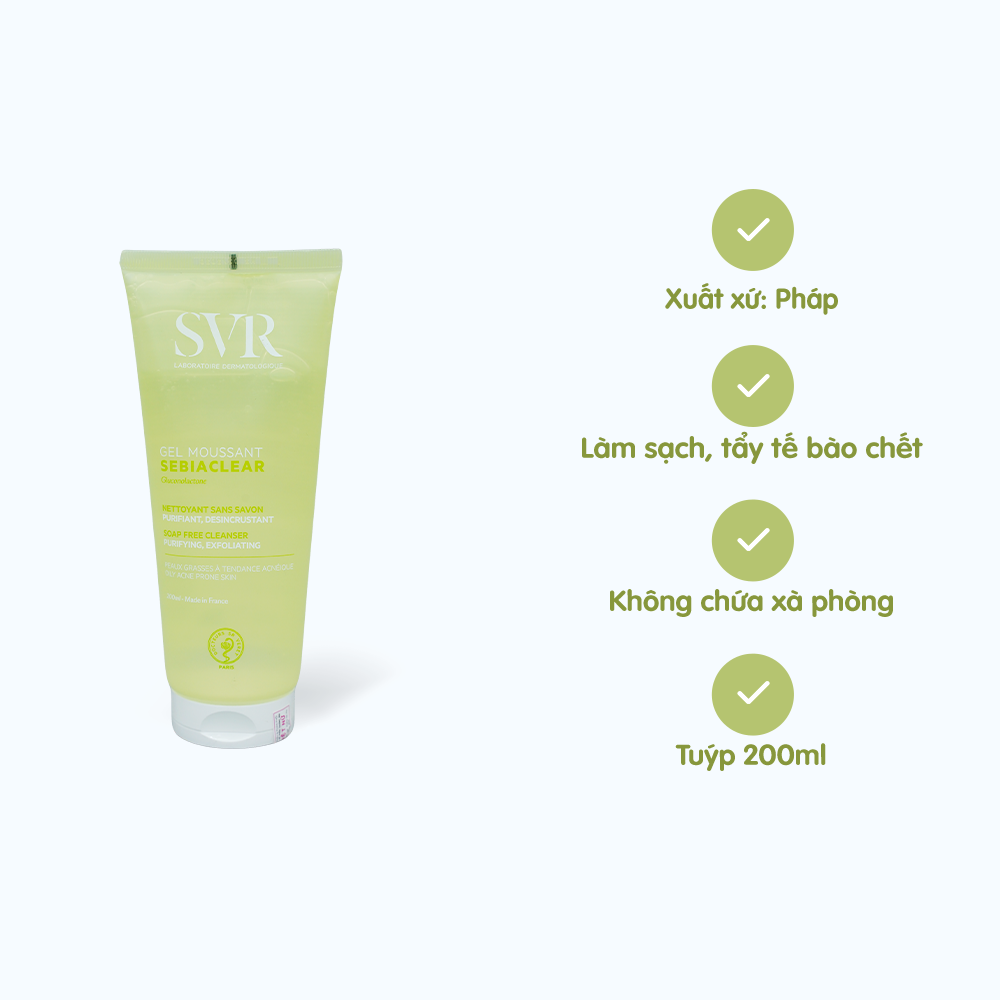 Svr Gel Moussant Sebiaclear Gel Rửa Mặt Xanh Lá, Da Dầu 200Ml (Cty)