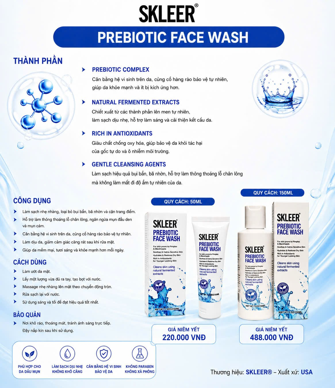 Skleer Gel Rửa Mặt Prebiotic Face Wash 50ml (CTY)