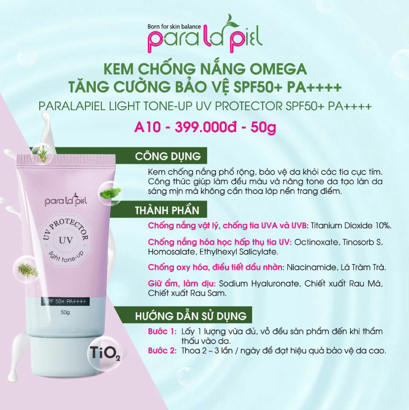 Paralapiel (A10) Kem Chống Nắng Omega SPF 50+ PA++++Light Tone-Up 50g (CTY)