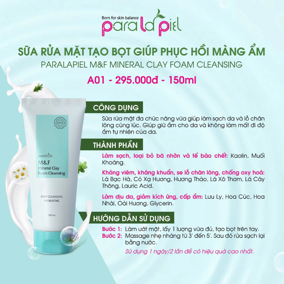 Paralapiel (A01) Sữa Rửa Mặt M&F Mineral Clay Foam Cleansing 150ml (CTY)