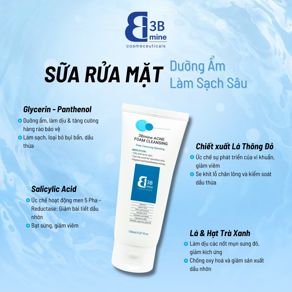 3Bmine (3B01) Sửa Rửa Mặt Da Dầu Mụn Acne Foam Cleansing 150ml (CTY)