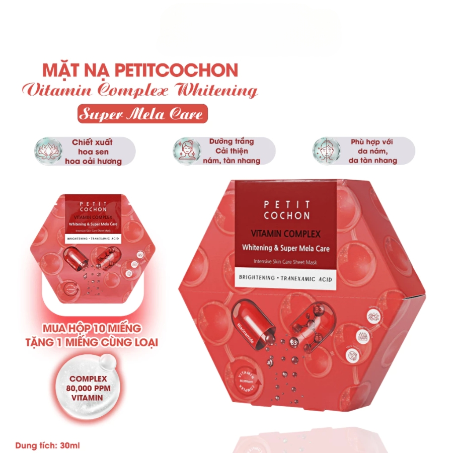 Mặt Nạ Dưỡng Sáng Petit Cochon Vitamin Complex Whitening & Super Mela Care 10x3g - Miếng Lẻ