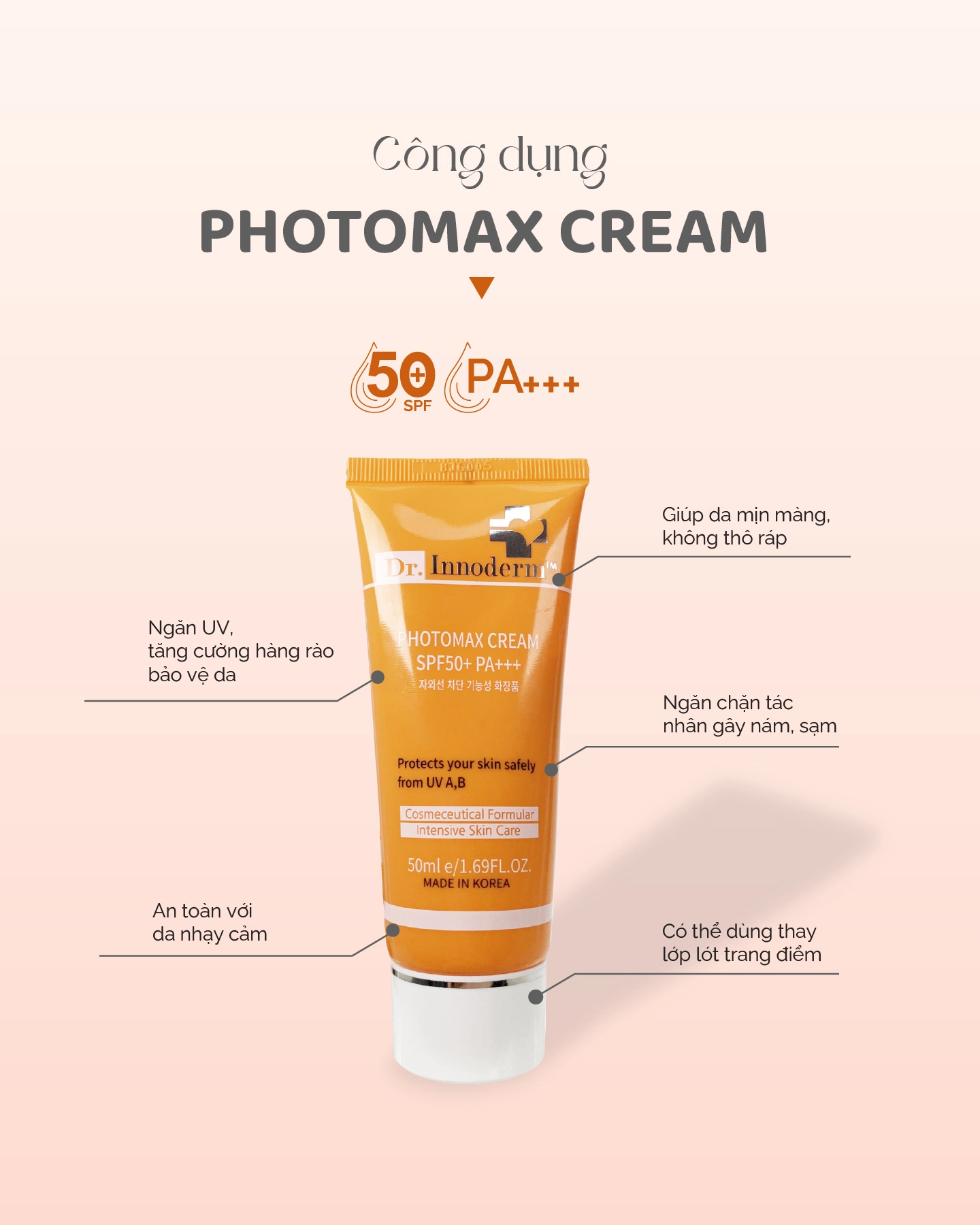 Dr.Innderm Kem Chống Nắng Photomax Cream SPF 50+ 50Ml (CTY) - Cam