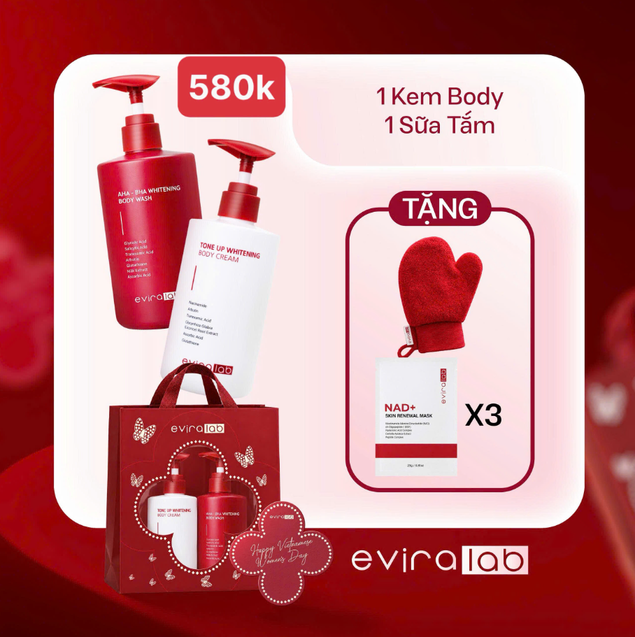 Set Eviralab Kem Tone Up Body + Sữa Tắm AHA