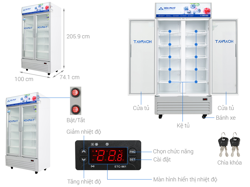 Tủ mát trưng bày Hòa Phát Inverter HSR D8812 812 lít DÀN ĐỒNG