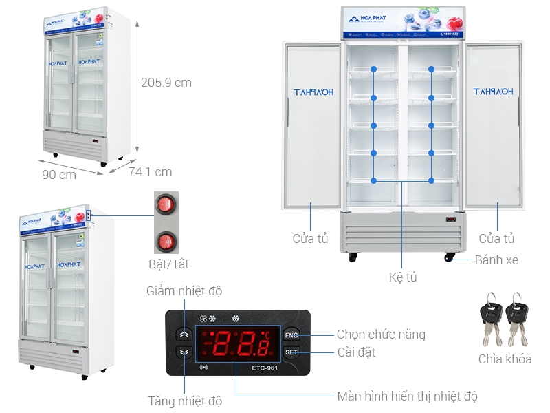 Tủ mát trưng bày Hòa Phát Inverter HSR D8723 723 lít DÀN ĐỒNG