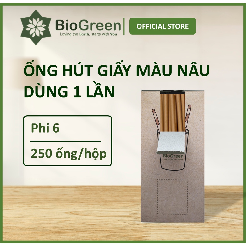 250 ống hút giấy màu nâu kraft uống cafe phi 6 Biogreen 3 lớp