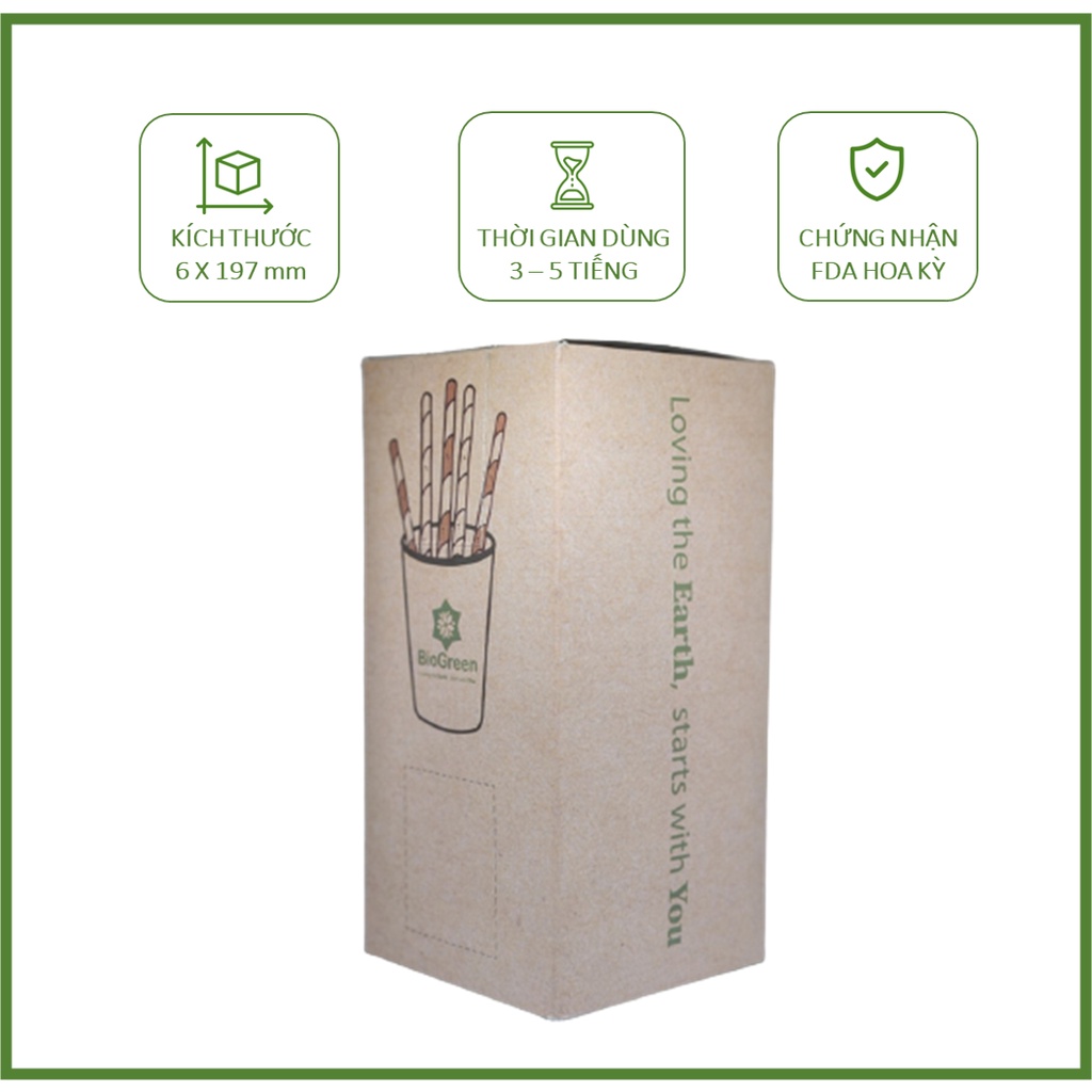 250 ống hút giấy màu nâu kraft uống cafe phi 6 Biogreen 3 lớp