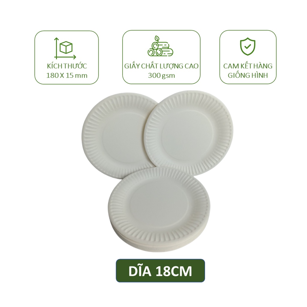 20 dĩa/ đĩa giấy đường kính 15cm, 18cm, 20cm dùng 1 lần ăn bánh kem, trái cây, salad, picnic,...