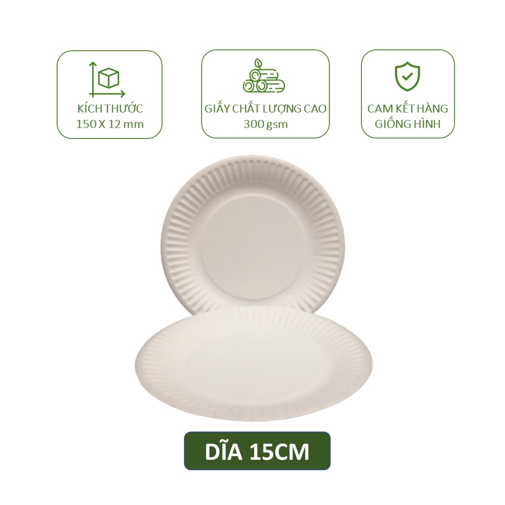 20 dĩa/ đĩa giấy đường kính 15cm, 18cm, 20cm dùng 1 lần ăn bánh kem, trái cây, salad, picnic,...