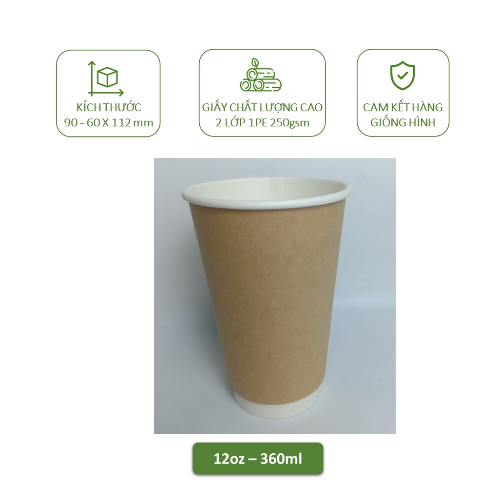 50 ly giấy kraft có nắp,2 lớp 1PE 260ml - 9oz, 360ml - 12oz, 500ml - 16oz chịu nhiệt dùng 1 lần