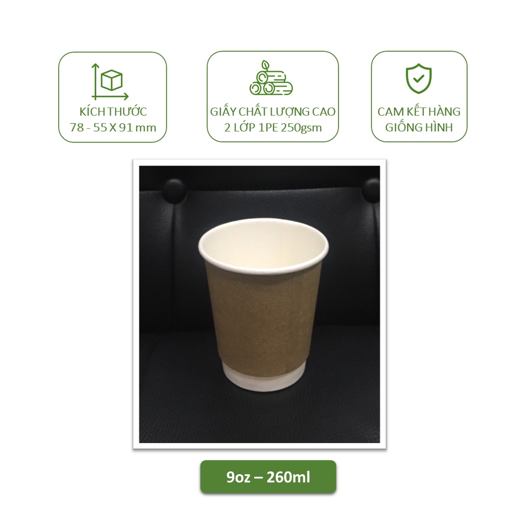 50 ly giấy kraft có nắp,2 lớp 1PE 260ml - 9oz, 360ml - 12oz, 500ml - 16oz chịu nhiệt dùng 1 lần