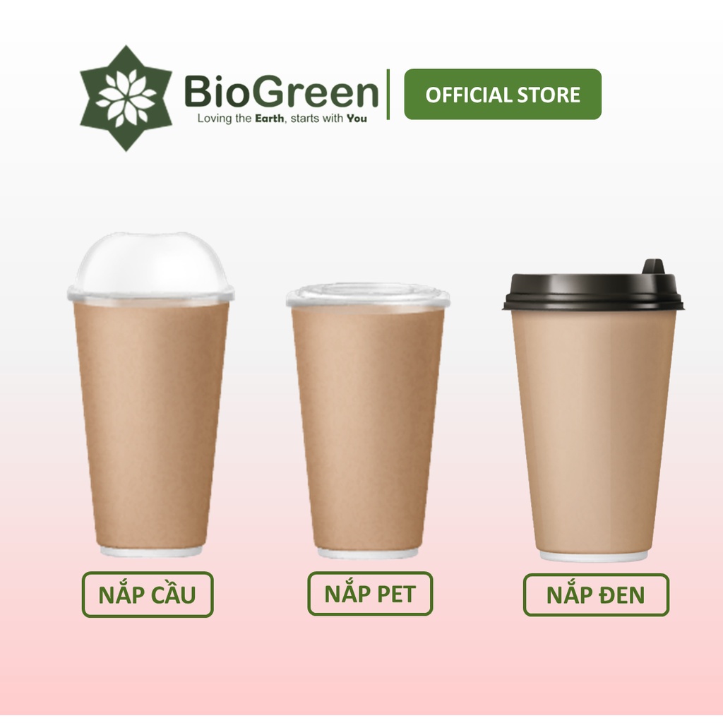 50 ly giấy kraft có nắp,2 lớp 1PE 260ml - 9oz, 360ml - 12oz, 500ml - 16oz chịu nhiệt dùng 1 lần