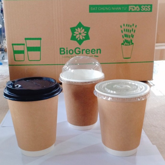 Thùng 200 ly/ cốc giấy Biogreen 12oz - 360ml màu trắng, màu nâu kraft có nắp, 2 lớp 1PE dùng 1 lần