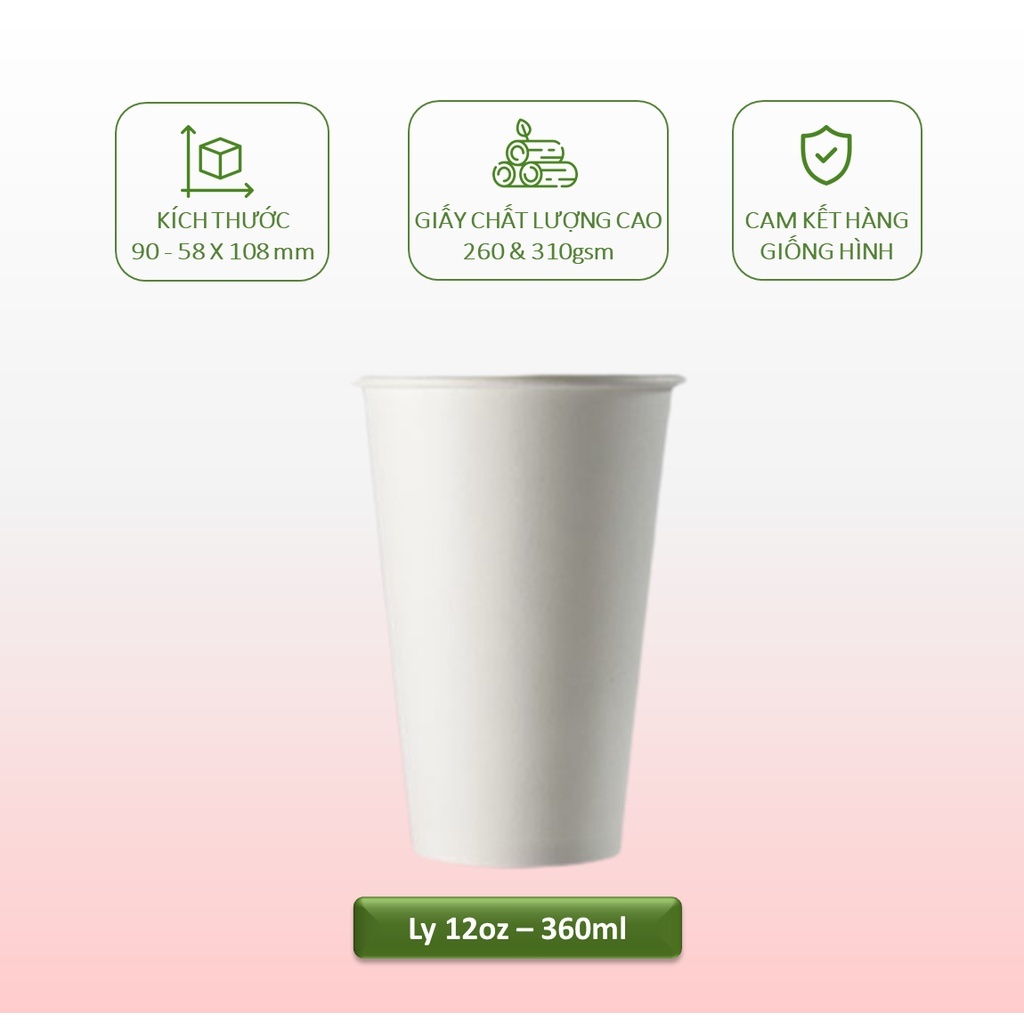 Thùng 200 ly/ cốc giấy Biogreen 12oz - 360ml màu trắng, màu nâu kraft có nắp, 2 lớp 1PE dùng 1 lần