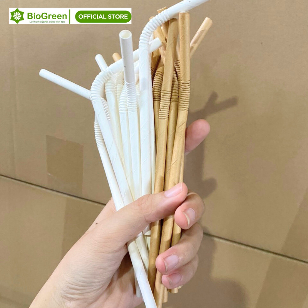 100 ống hút giấy cong Biogreen màu trắng, kraft dùng uống cafe, sinh tố