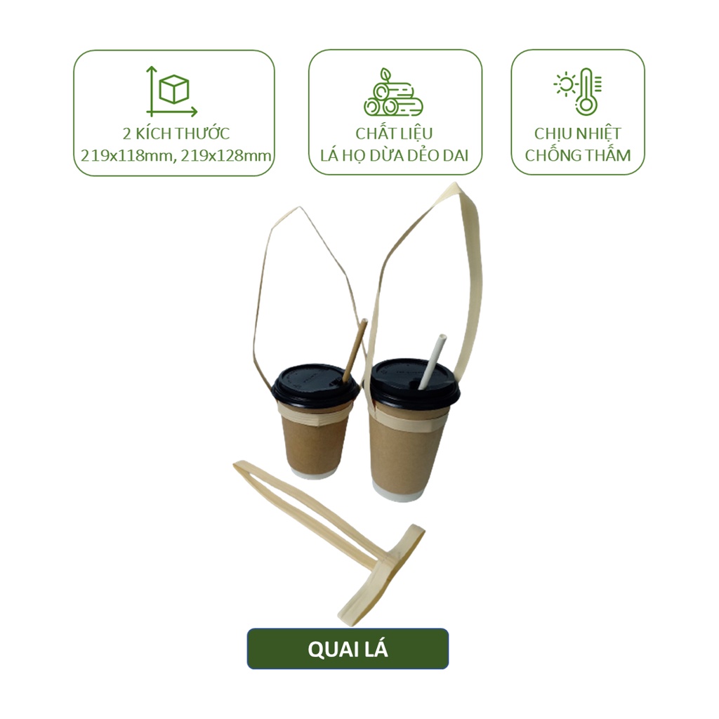 100 quai xách ly giấy, quai ly lá cây túi chữ T đựng cafe bằng giấy kraft cao cấp, lá cây dẻo dai