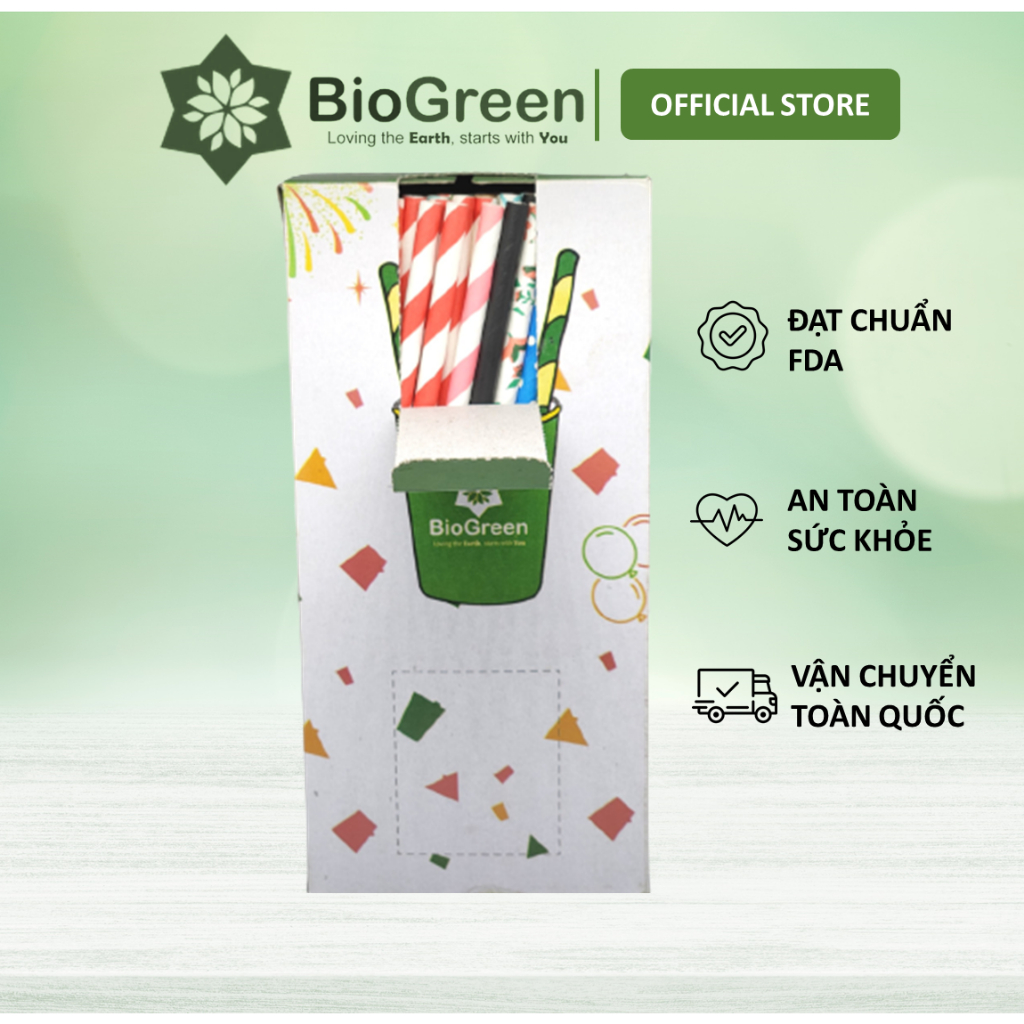 Hộp 250 ống hút giấy party nhiều màu uống cafe phi 6 Biogreen 3 lớp, màu Giáng Sinh Noel, Lễ hội